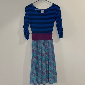 Blue Striped Dress with Floral Skirt, size S